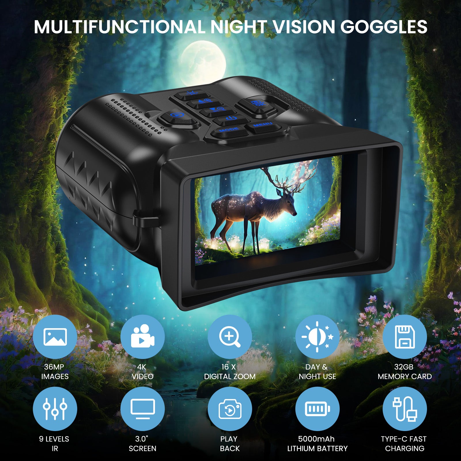 Night Vision Goggles,4K Night Vision Binoculars for Adults with 5000mAh Rechargeable Battery,1000FT Infrared Range,16X Zoom,32GB TF Card,Photo&Video Recording,Compact Design,Ideal Gifts for Men