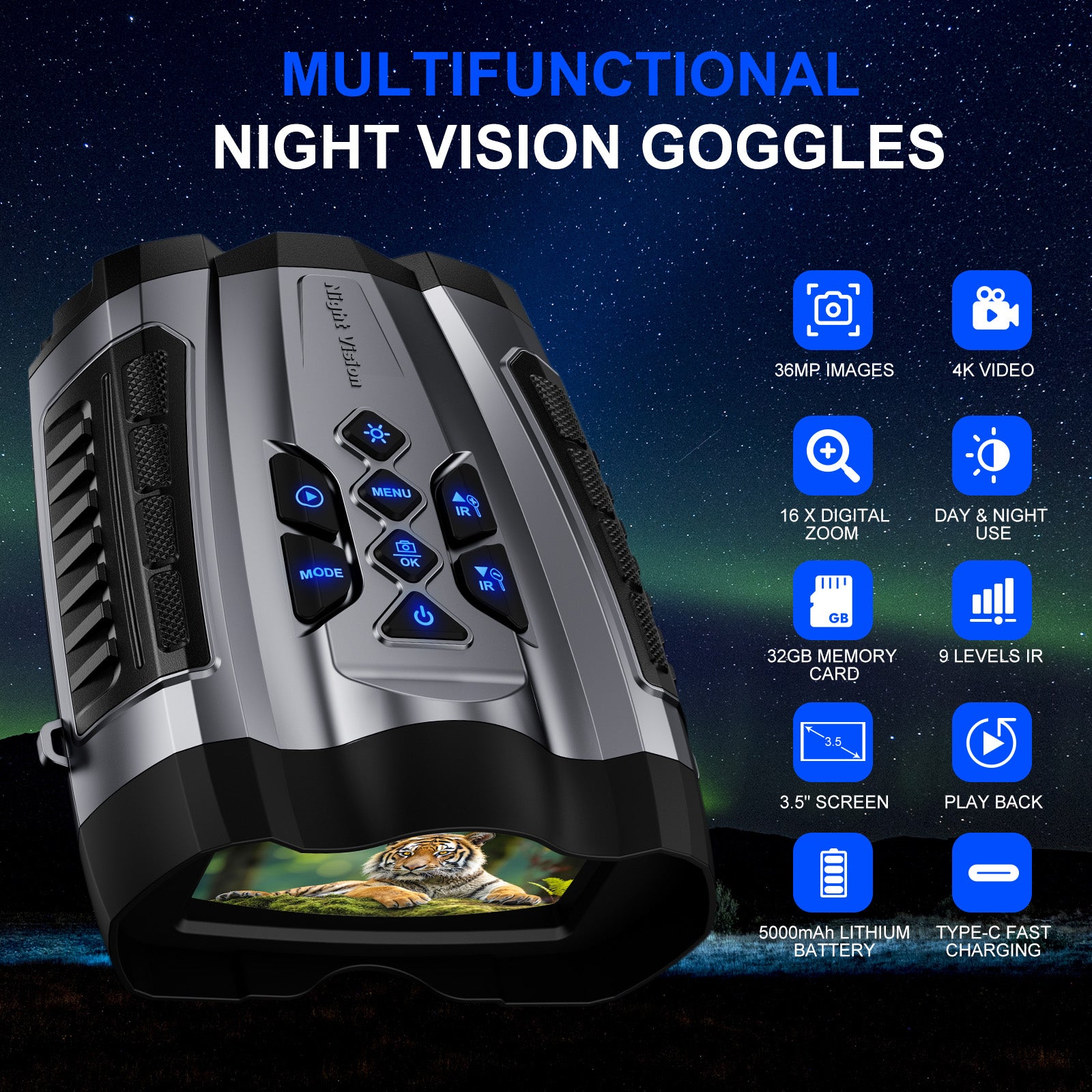 Night Vision Goggles,4K Night Vision Binoculars for Adult with 5000mAh Rechargeable Battery,16X Digital Zoom,3.5" HD Screen and 1000FT Viewing Range,32GB TF Card for Photo and Video,Ideal Gift for Men