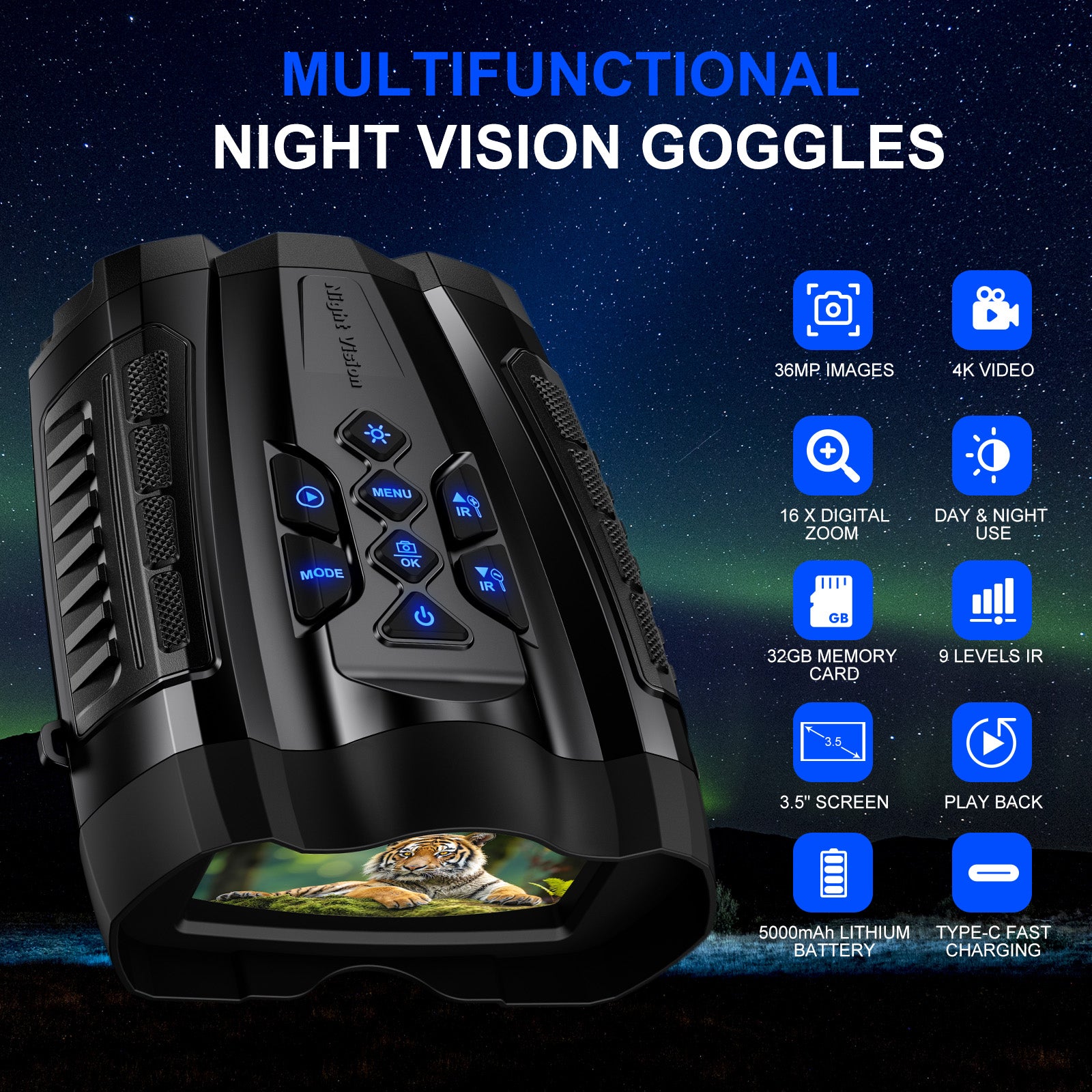 Night Vision Goggles,4K Night Vision Binoculars for Adult with 5000mAh Rechargeable Battery,16X Digital Zoom,3.5" HD Screen and 1000FT Viewing Range,32GB TF Card for Photo and Video,Ideal Gift for Men